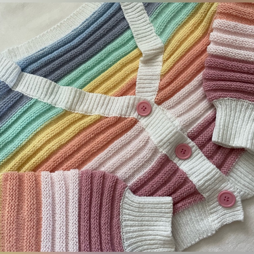 Colorful Rainbow Pastel Striped Chunky Knit Cardigan with Pink Buttons